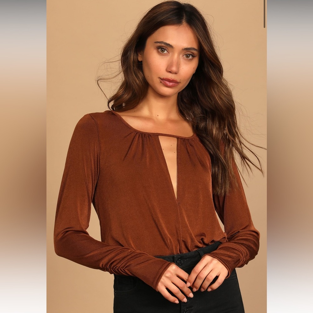 Free People - Kaya - Small Rust Brown Long Sleeve Cutout Bodysuit